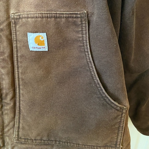 VINTAGE carhartt Dark Brown Sun Faded Canvas Lined Chore Utility Barn Jacket L - Picture 8 of 13